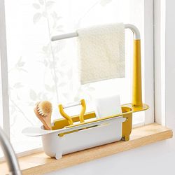 telescopic sink storage rack,adjustable length, drain basket plastic and sponge holder with dishclothhanger(uscustomers)