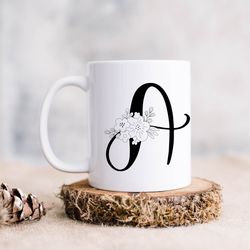 floral alphabet mug, custom alphabet gift mug, woman gift mug, ceramic mug, personalized alphabet mug, coffee mug, initi