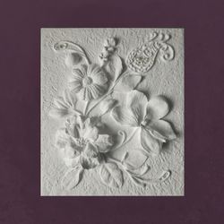 Sculptural wall art White bas-relief with pearls Botanical artwork Flowers 3d Plaster Relief