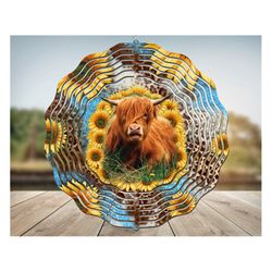 highland cow sunflower wind spinner sublimation png, wind spinner sunflower highland cow sublimation digital download pn
