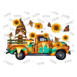 western gnome truck png sublimation design,hand drawn gnomes png,sunflowers png,gnome truck png,gnomes with bee's png,di