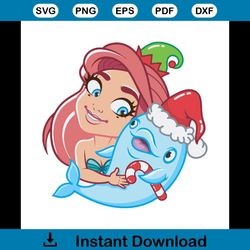 Baby Mermaid Ariel Hug Dolphin Svg, Christmas Svg, Santa Hat Svg, Mermaid Svg, Dolphin Svg, Christmas Light Svg, Christm