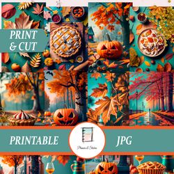 Delightful Fall Harvest Printable Greeting Card with Halloween Pumpkin, Autumn Leaves, and Pie Illustrations