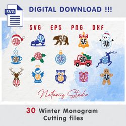 30 Funny Winter Holidays Monograms -  SVG Cutting Files - SVG Cut Files - Monogram FREE Font - Big Bundle