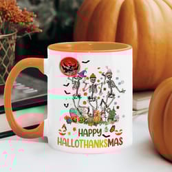 skeleton thanksgiving, halloween and christmas mug, happy hallothanksmas mug, halloween mug, thanksgiving gifts, christm