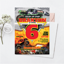 personalized file editable monster truck birthday invitation png, monster jam printable trucks birthday invite, monster
