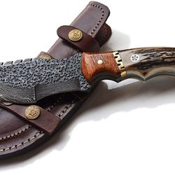 customized handmade tracker knife stag handle with leather sheath best for gift