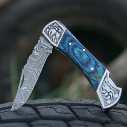 7.0" back lock custom handmade damascus steel pocket knife blue wood handle