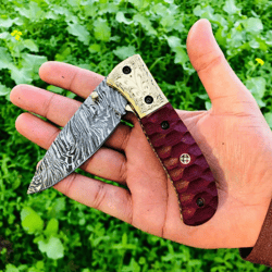 8.0" custom handmade damascus steel folding pocket knife with red wood handle