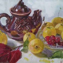 Autumn Apples Still life Painting, Teapot Original Oil Painting,Tea Cup Fine Art