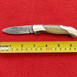 Custom Damascus Steel Folding Pocket Knife Bone Handle Survival Knife