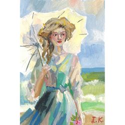 girl with an umbrella on the seashore. original gouache painting 6,8x4,7