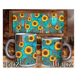 western gemstones sunflowers serape leopard wooden 11 oz and 15 oz mug png, sunflower mug design, gemstone mug png, sera