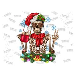 santa skeleton with coffee cup sublimation png design, skeleton coffee png, skeleton christmas png,skeleton png,christma