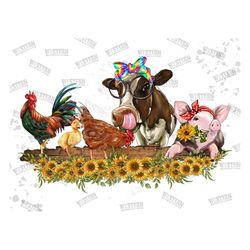 rooster duck chicken cow and pig with sunflower bouquet png, farm animals png, pig png, cow png, rooster png, chicken p