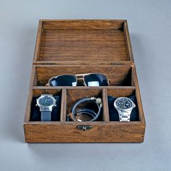 Wooden box for watches and glasses Personalized watch display case Custom jewelry organizer box Rustic sunglass holder