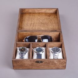 Personalized Wooden Case: Watches, Glasses & Jewelry in One Place. Engraved, Rustic Style with Cushions Included