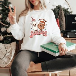 tis the season christmas sweatshirt, retro holiday season outfit, xmas cookies and milk sweater, cozy season, christmas