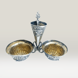 SALT & PEPPER cellars in silver 800 with spoon Made in Israel for Sabbath Judaica Jewish double open cellars from 1940s