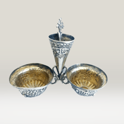 salt & pepper cellars in silver 800 with spoon made in israel for sabbath judaica jewish double open cellars from 1940s