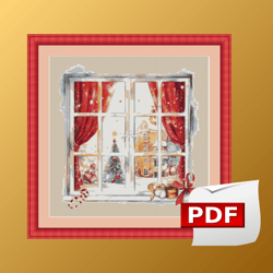 christmas window cross stitch patterns, winter cross stitch patterns, merry christmas cross stitch patterns