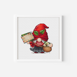 Christmas Letters Cross Stitch Pattern, Gnome Girl Red Gnome Hat Hand Embroidery, Christmas Gnome Digital File PDF