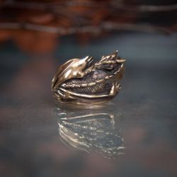 Dragon adjustable handcrafted ring. Dragon wraps around finger. Author jewelry. Present for her. Gothic style