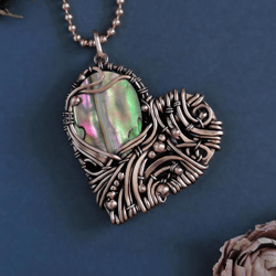 heart necklace with abalone shell, copper wire wrap pendant jewelry, romantic 7th anniversary gift for wife