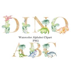 Watercolor dinosaurs clipart, animals letters, nursery alphabet, baby shower, numbers birthday, png.