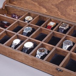 Wooden Watch Display Case - 18 Watches & 3 Sunglasses Collection Box - Engraved Watch Organizer Storage