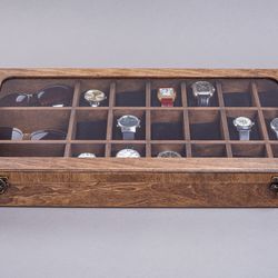 Personalized Wooden Watch & Sunglasses Organizer Box: Elegant Storage with Custom Engraving and Cushions Included