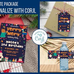 christmas birthday invitation, christmas birthday party printable package template corjl editable instant download