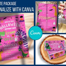 pink dinosaur halloween birthday party template package, halloween dinosaur girl birthday invitation canva editable