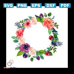 pastel watercolors flowers wreath svg, flower svg, flowers monogram svg, watercolors flower svg, birthday gift svg, gift