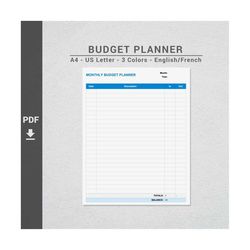 printable monthly budget planner, expense tracking for family or small business - a4 and us letter pdf