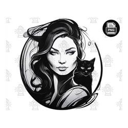 Playful Cat Lover's PNG File - Black and White Sublimation Designs, Graphics - Digital Print, Download - Girl with Cat,