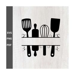 Kitchen Monogram Svg, Flourish Baking Utensils Split Frame Name With Whisk, Spatula And Rolling Pin - Png Clipart - Silh
