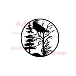 crows of wild nature dxf, tree stake dxf cut file laser, dxf for plasma,bird on a branch cnc wood wall decor, svg for cr