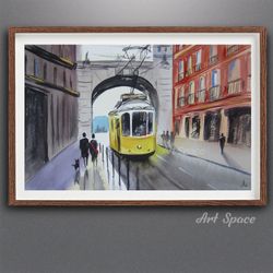 original watercolor painting yellow lisbon tram. best gift, for office, home, apartment decoration, room decoration, art