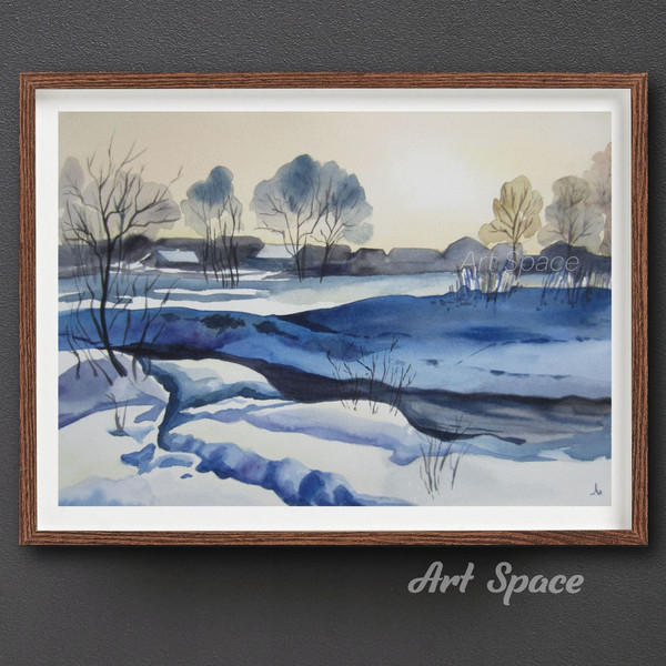 watercolor painting - winter - river - trees - nature - snow - village - winter village - blue landscape - 2.jpg