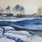 watercolor painting - winter - river - trees - nature - snow - village - winter village - blue landscape - 1.JPG