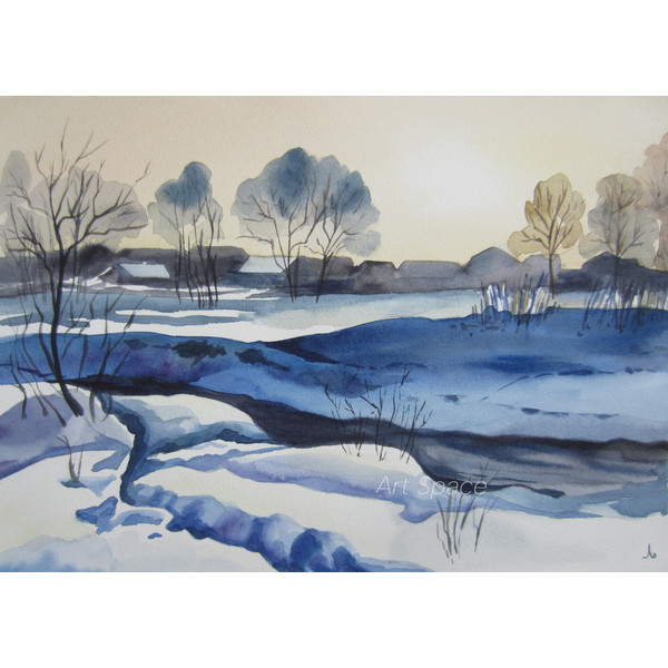 watercolor painting - winter - river - trees - nature - snow - village - winter village - blue landscape - 1.JPG