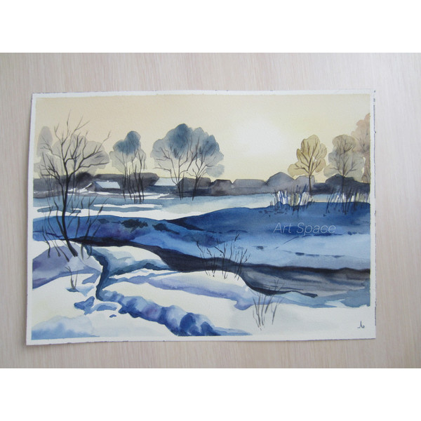 watercolor painting - winter - river - trees - nature - snow - village - winter village - blue landscape - 3.JPG