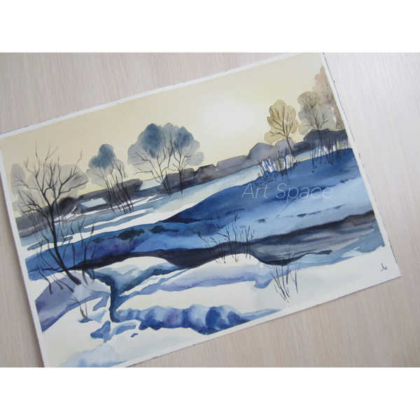 watercolor painting - winter - river - trees - nature - snow - village - winter village - blue landscape - 4.JPG