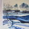 watercolor painting - winter - river - trees - nature - snow - village - winter village - blue landscape - 5.JPG