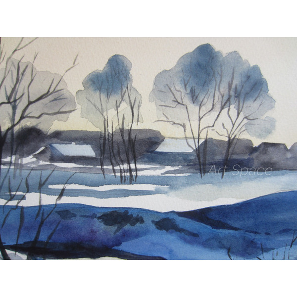 watercolor painting - winter - river - trees - nature - snow - village - winter village - blue landscape - 7.JPG