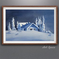 original watercolor painting blue winter, decoration for office, playroom, decor, apartment decoration, room decoration,