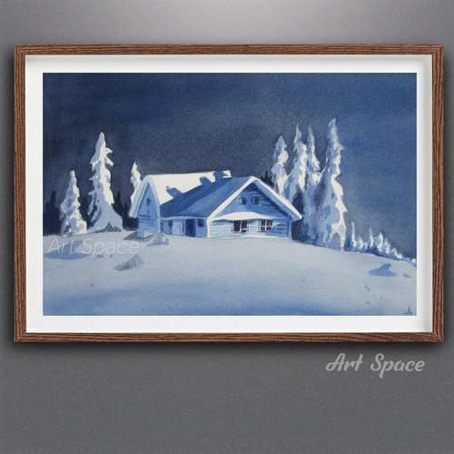 Original watercolor painting Blue Winter, decoration for office, playroom, decor, apartment decoration, room decoration,
