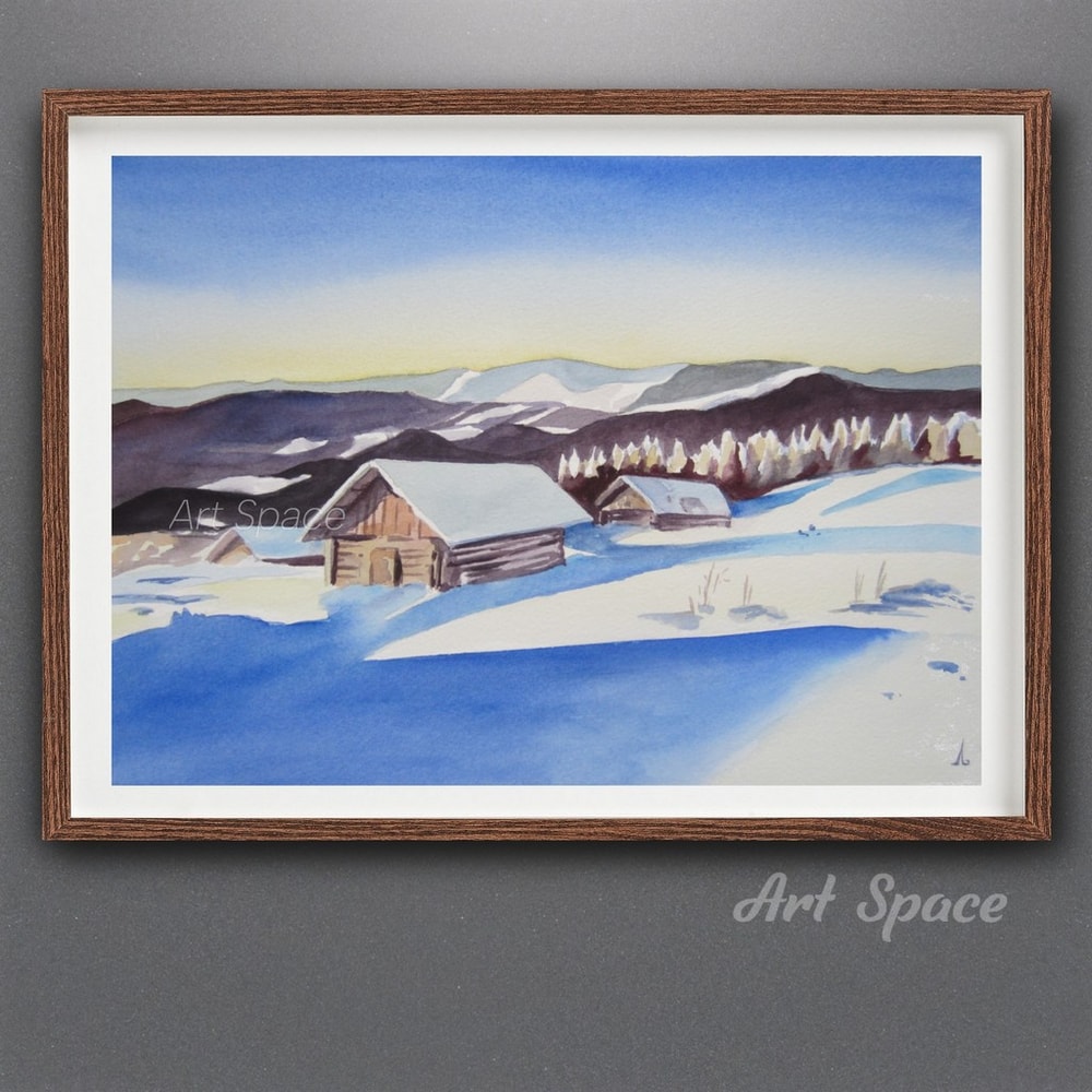 watercolor painting - winter - river - trees - nature - snow - village - winter village - blue landscape - 2.jpg