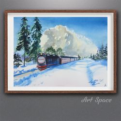 original watercolor painting express, winter, snow, harry potter, hogwarts school, decoration for office, playroom, home